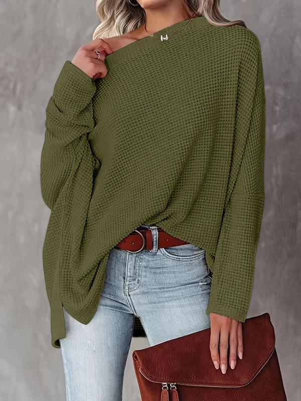 Women's Plain Batwing Sleeve Boat Neck Sweater, Casual Long Sleeve Jumper, Ladies Knit Going Out Tops for Daily Outdoor Wear