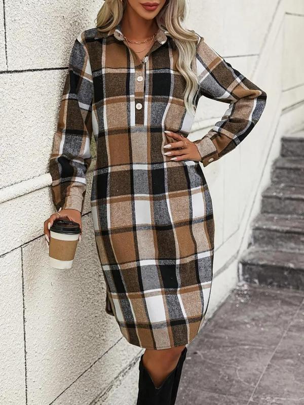  Women's Plaid Print Button Front Split Hem Shirt Dress, Casual Long Sleeve Collared Dress for Fall & Winter, Women's Clothes for Daily Wear, Dresses for Women, Winter Dresses