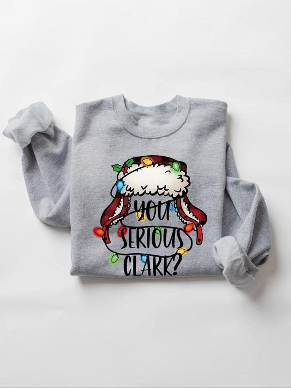 Women's Cartoon Santa Claus & Letter Print Drop Shoulder Pullover, Casual Long Sleeve Crew Neck Sweatshirt for Daily Wear, Ladies Fall & Winter Clothes