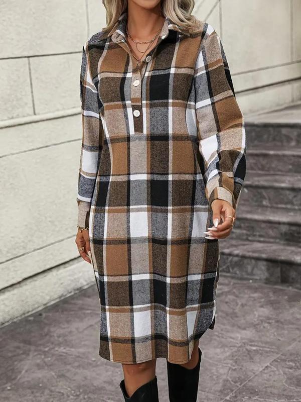  Women's Plaid Print Button Front Split Hem Shirt Dress, Casual Long Sleeve Collared Dress for Fall & Winter, Women's Clothes for Daily Wear, Dresses for Women, Winter Dresses