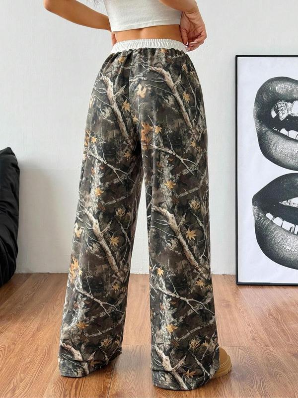 Women's All Over Camo Print Drawstring Waist Lounge Pants, Casual Comfy Pocket Design Elastic Waist Wide-Legged Dragging Pants for Fall & Winter, Women's Sleepwear for Indoor Wear