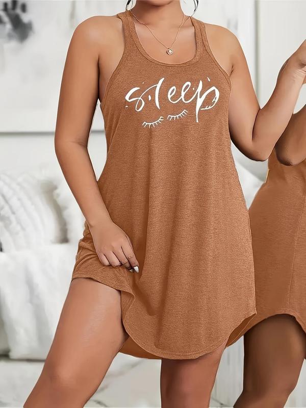  Letter & Eyelashes Print U Neck Curved Hem Nightdress, Casual Soft Comfortable Racer Back Sleeveless Nightgown for Women, Women's Sleepwear for All Seasons