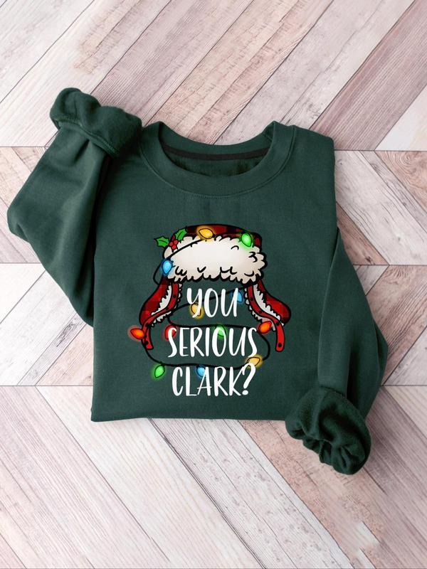 Women's Cartoon Santa Claus & Letter Print Drop Shoulder Pullover, Casual Long Sleeve Crew Neck Sweatshirt for Daily Wear, Ladies Fall & Winter Clothes