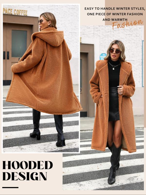 Women's Solid Color Button Pocket Hooded Coat, Casual Long Sleeve Outerwear for Fall & Winter, Winter Coats Women, Ladies Clothes for Daily Wear Jackets