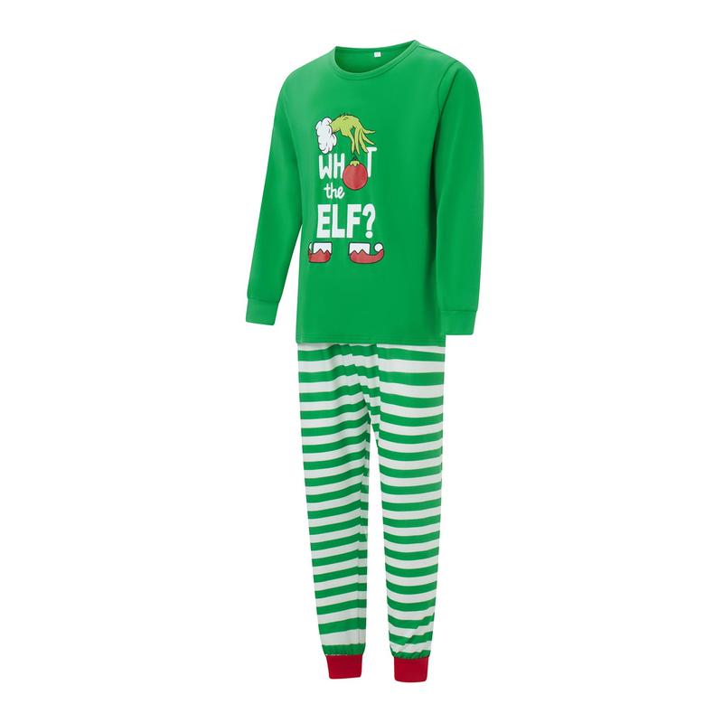 Green Christmas Pajamas For Family Family Pajamas Matching Set Christmas Elf Print Long Sleeve Tops and Elastic Striped Pants Loungewear Soft Sleepwear