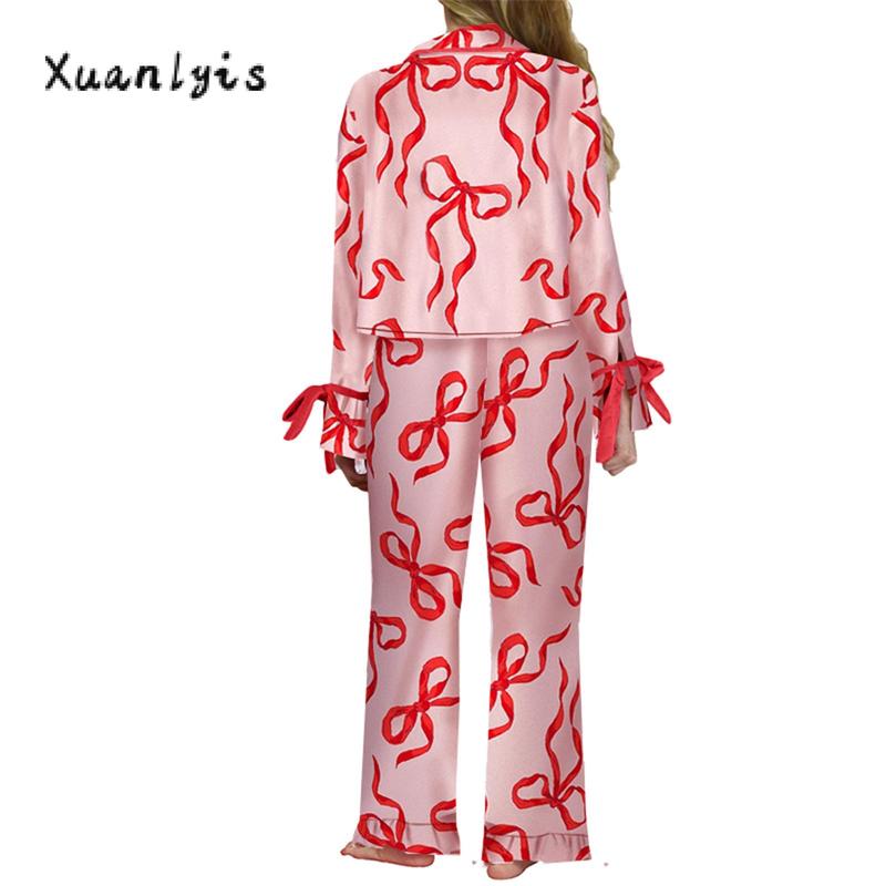 Women Pajamas Bow Print Lape Long Sleeve Button Down Tops and Drawstring Pants Sleepwear Loungewear Womenswear