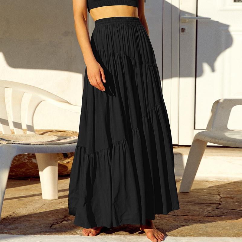 ANRABESS Women’s Boho Elastic High Waist Pleated A-Line Flowy Swing Asymmetric Tiered Maxi Long Skirt Dress with Pockets