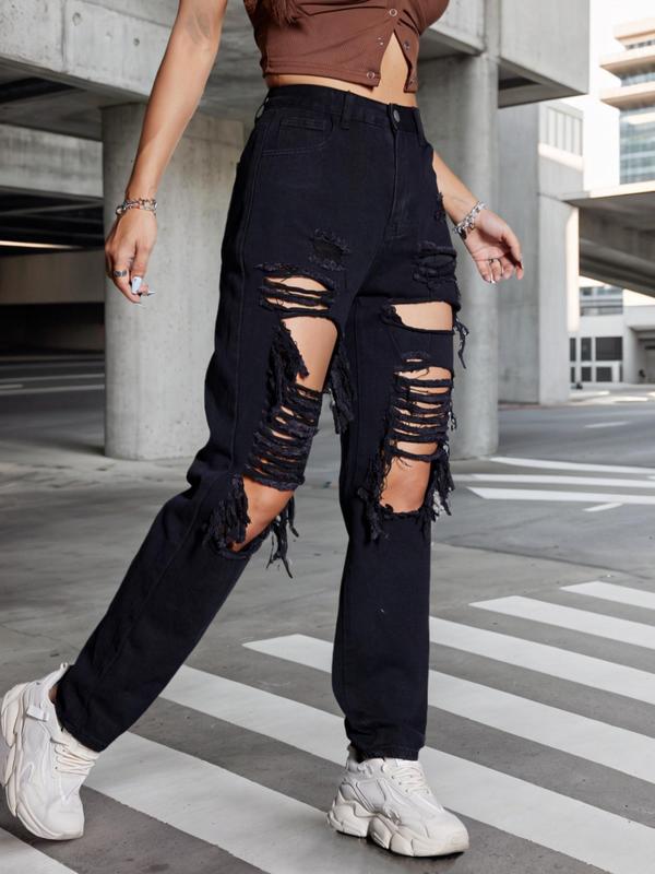 Women's Plain Ripped Button Fly Straight Leg Jeans, Fashion Casual Pocket Design High Waist Denim Trousers for Daily Wear, Ladies Bottoms for All Seasons