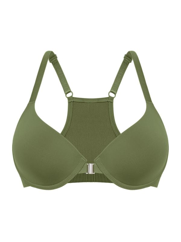 Women's Solid Color Adjustable Strap Push Up Bra, Comfortable Breathable Buckle Front Bra, Lingerie for All Seasons
