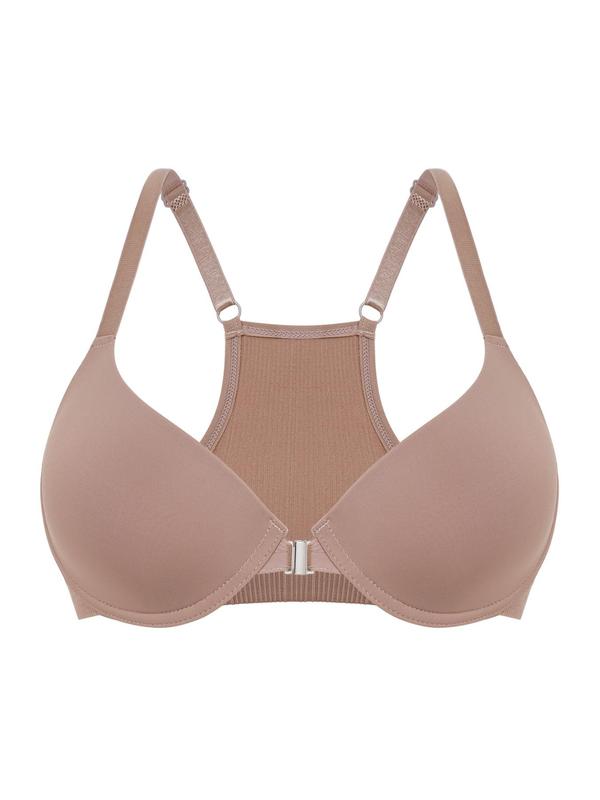 Women's Solid Color Adjustable Strap Push Up Bra, Comfortable Breathable Buckle Front Bra, Lingerie for All Seasons