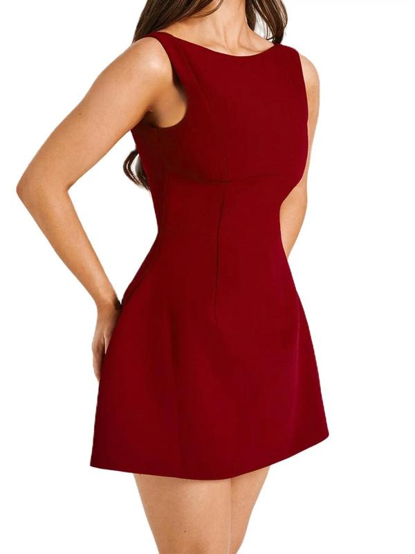 Women's Solid Backless Boat Neck A Line Dress, Dresses for Women, Homecoming Dresses, Birthday Dresses 2024, Elegant Fashion Zipper Back Short Dress for Daily Outdoor Wear, Ladies Dress for Summer