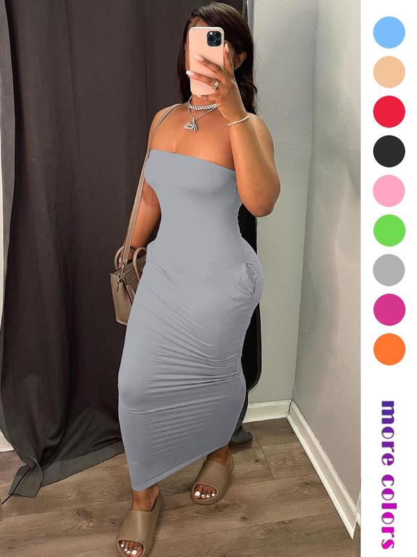 Christmas Deals Women's Solid Pocket Bodycon Dress without Bag, Fashion Casual Sleeveless Long Dress for Fall Daily Outdoor Wear, Ladies Dress for Summer, Christmas 2024 Trend