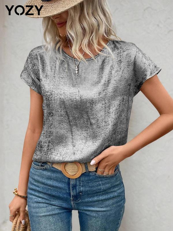 YOZY [3 colors] Glitter Drop Shoulder Tee  Elegant Fashion Casual Round Neck T-Shirt, 2024 Women's Daily Holiday Vacation Streetwear for Spring & Summer