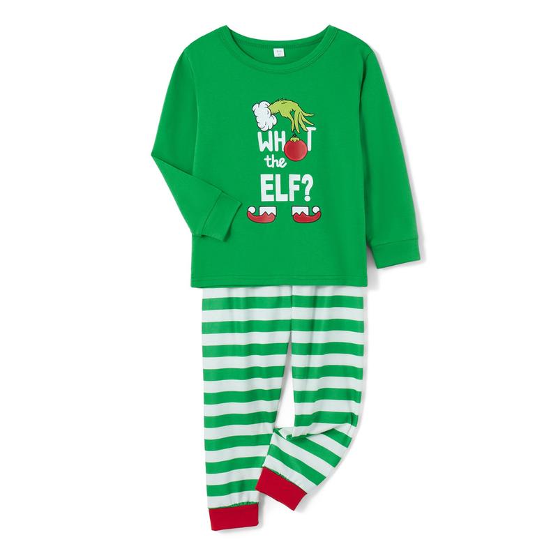 Green Christmas Pajamas For Family Family Pajamas Matching Set Christmas Elf Print Long Sleeve Tops and Elastic Striped Pants Loungewear Soft Sleepwear