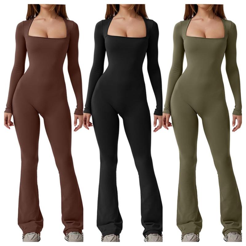 Women's Long Sleeve Square Neck Wide Leg Jumpsuit,Square Neck Wide Leg Bodysuit,Women's Long Sleeve Jumpsuit Comfortable Womenswear Gorgeous Overalls