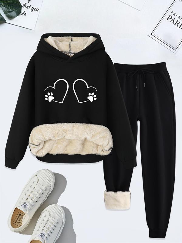 Women's Heart Print Hoodie & Drawstring Waist Pants Thermal Lined Two-piece Set, Casual Long Sleeve Hooded Pullover & Pocket Trousers for Fall & Winter, Ladies Clothes for Daily Wear