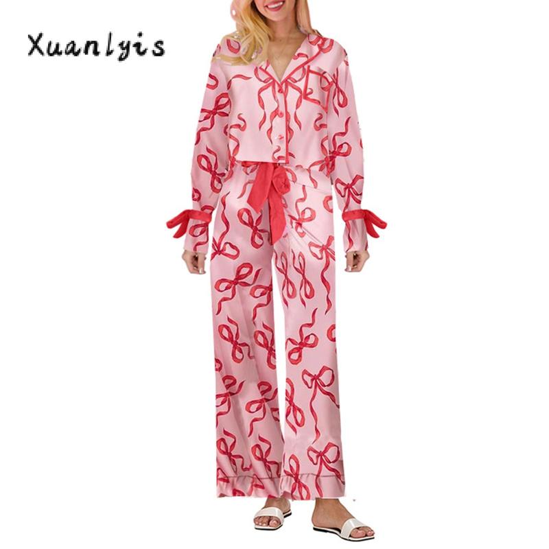 Women Pajamas Bow Print Lape Long Sleeve Button Down Tops and Drawstring Pants Sleepwear Loungewear Womenswear