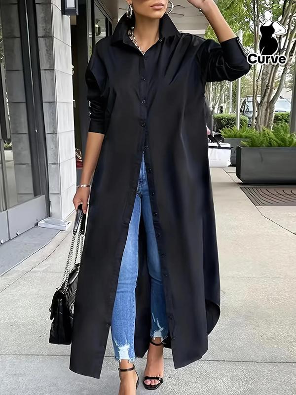 Plus Size Solid Color Asymmetrical Hem Button Front Long Sleeve Shirt Dress, Collared Button Up Long Dress for Spring Fall, Plus Clothes for Daily Wear
