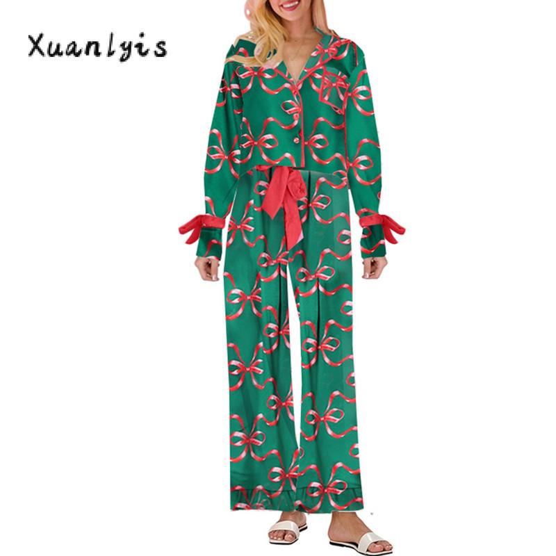 Women Pajamas Bow Print Lape Long Sleeve Button Down Tops and Drawstring Pants Sleepwear Loungewear Womenswear