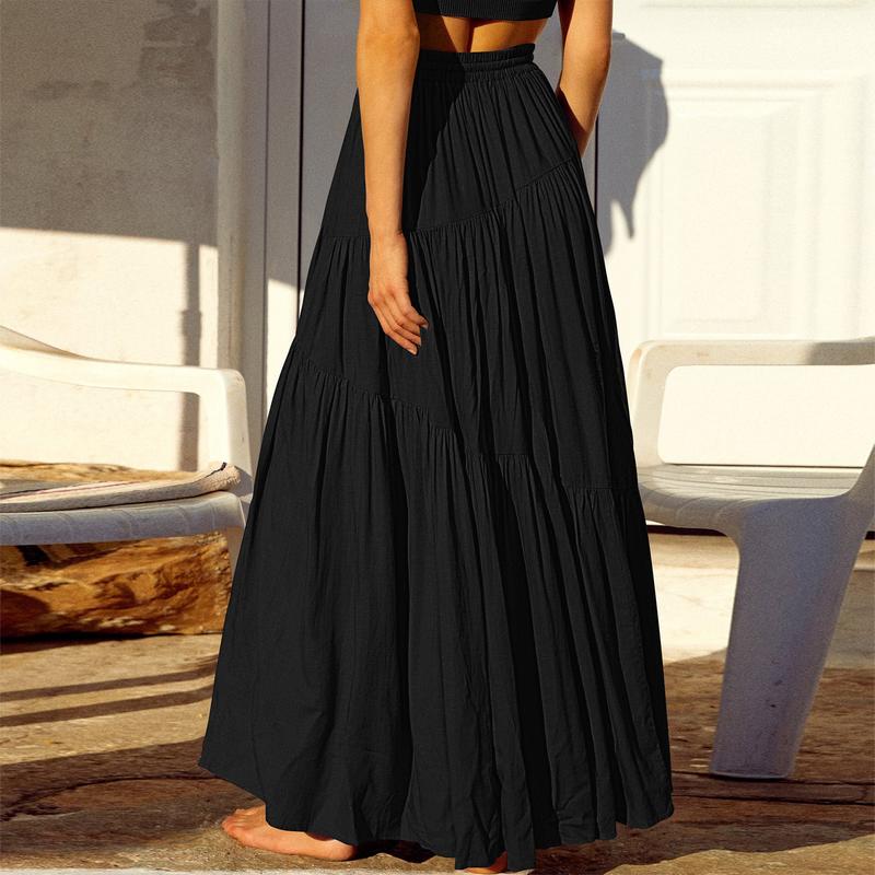 ANRABESS Women’s Boho Elastic High Waist Pleated A-Line Flowy Swing Asymmetric Tiered Maxi Long Skirt Dress with Pockets