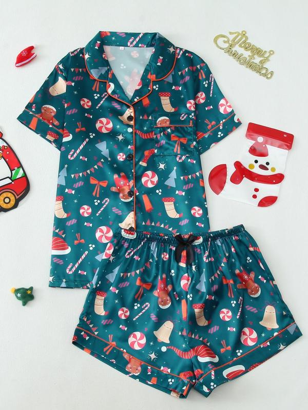 Two-Piece Set Women's Christmas Print Lapel Neck Pocket Shirt & Shorts Satin Pyjama, Casual Comfy Short Sleeve Top & Shorts PJ Set, Ladies Sleepwear for All Seasons