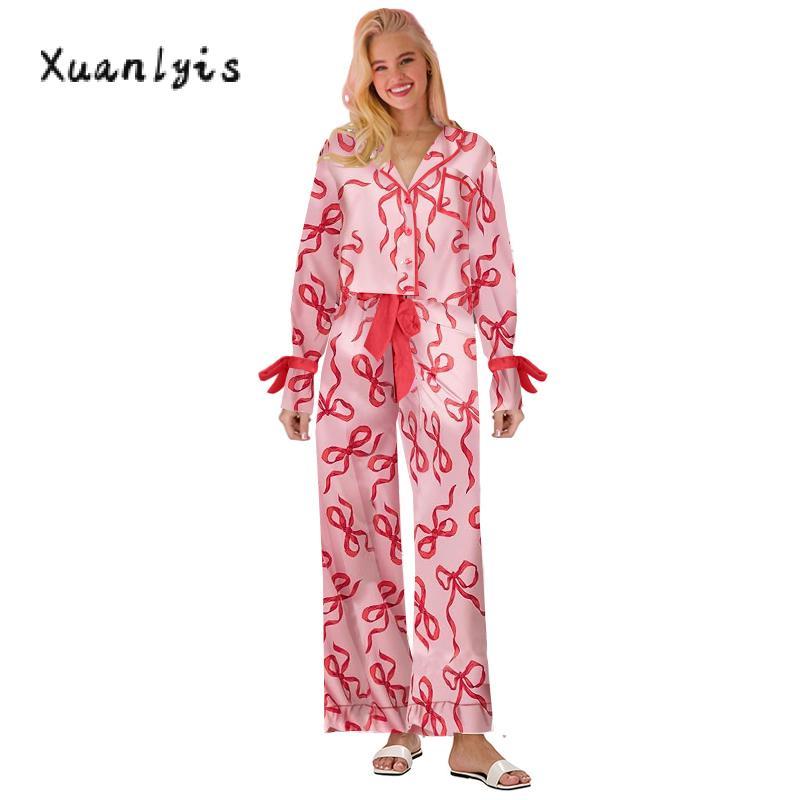 Women Pajamas Bow Print Lape Long Sleeve Button Down Tops and Drawstring Pants Sleepwear Loungewear Womenswear