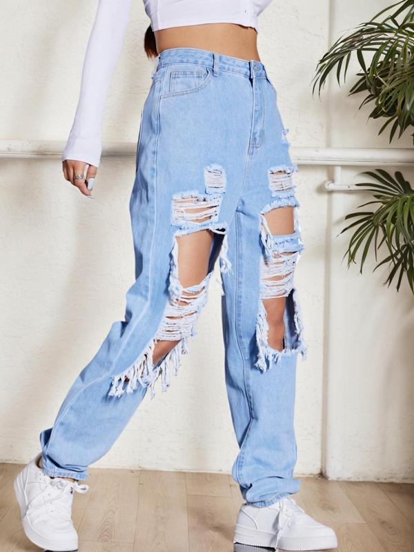 Women's Plain Ripped Button Fly Straight Leg Jeans, Fashion Casual Pocket Design High Waist Denim Trousers for Daily Wear, Ladies Bottoms for All Seasons