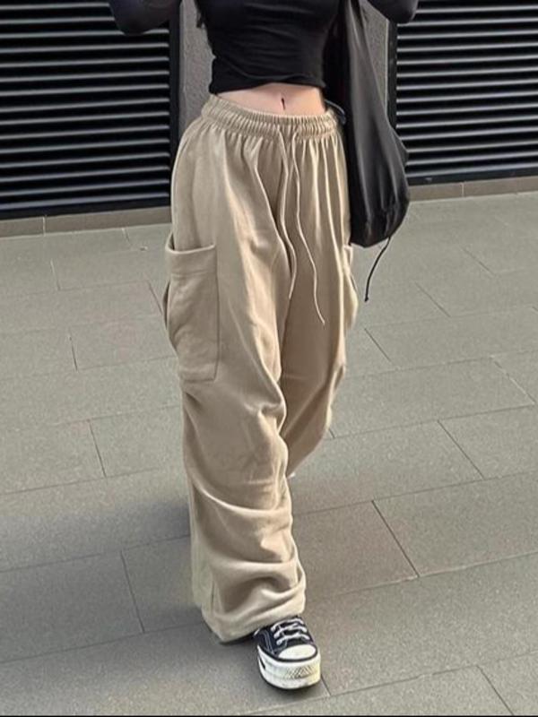 Y2k Plain Drawstring Waist Comfy Cargo Pants for Women, Fall Clothes, Casual Pocket Wide Leg Trousers for Daily Wear, Ladies Bottoms for Fall, Fall Clothes 2024