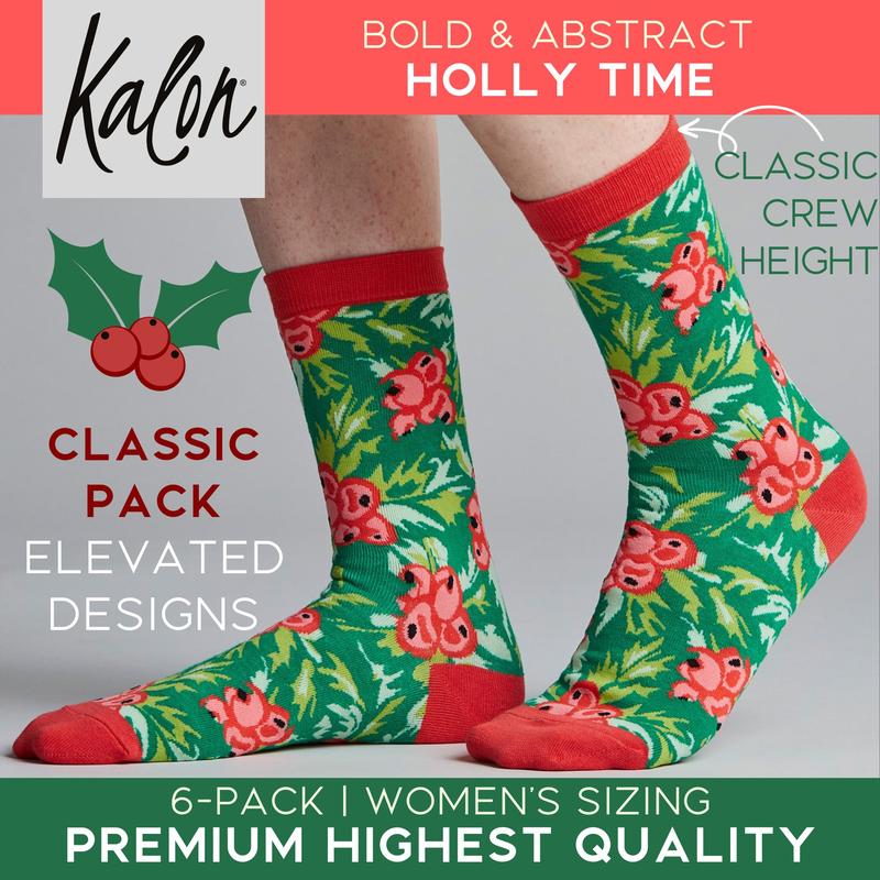 Kalon 6 Pack Women's Crew Height Christmas Socks in Classic Mom Loving Prints and Designs Stretchy Soft Comfy Sock Womenswear Comfort