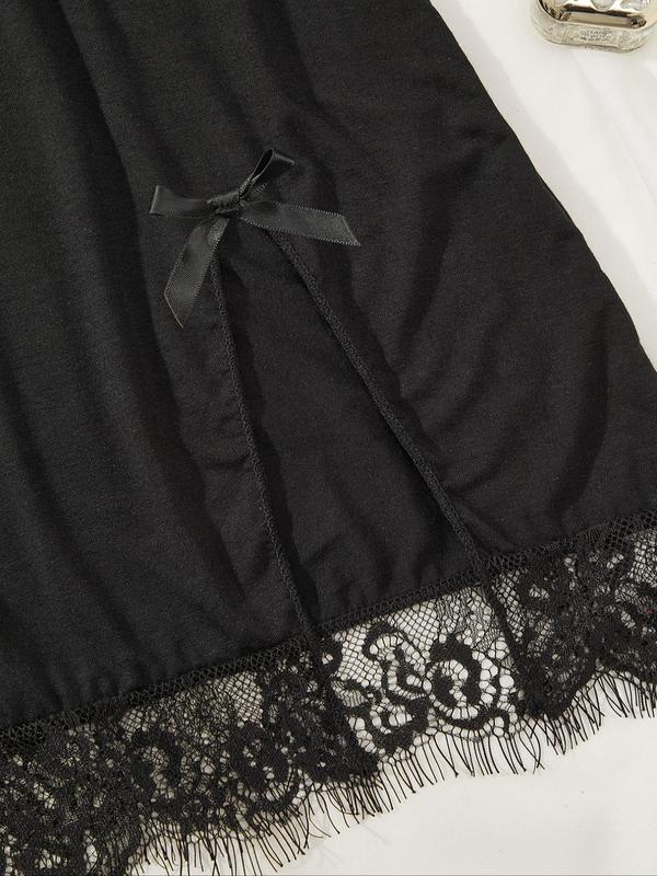 Women's Contrast Lace Bow Decor Split Thigh Cami Nightdress, Solid Spaghetti Strap Nightgown, Soft Comfortable Nightdress for Women