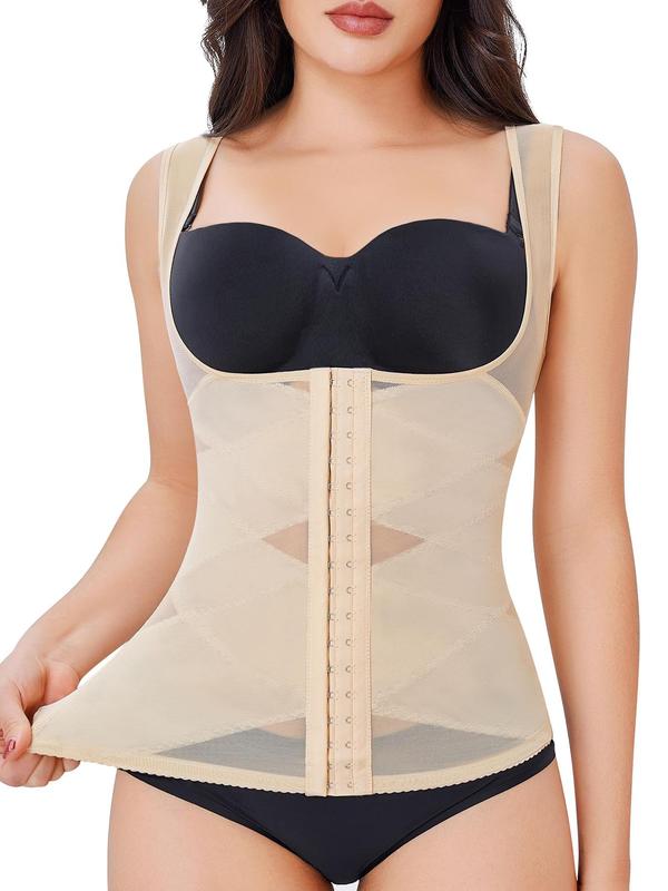 Women's Adjustable Hook & Eye Closure Shapewear Top, Breathable Comfortable Contrast Mesh High Stretch Shaper, Tummy Control Shapewear for Daily Wear, Fall Wear, Fallfreshness