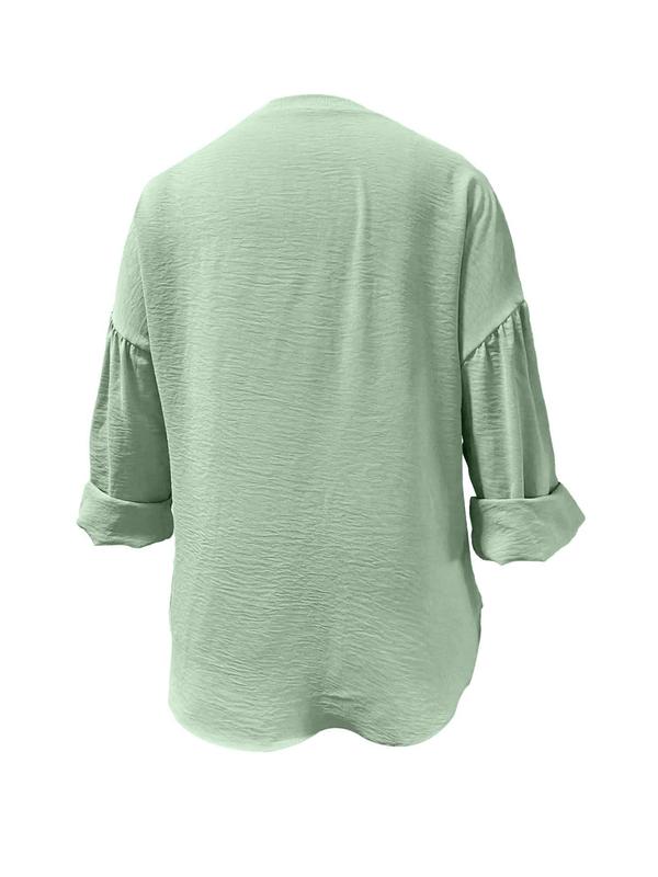 Solid Notched Neck Longsleeves Blouse, Women's Clothing, Minimalist Chic Comfortable Long Sleeve Top for Spring & Fall, Women's Clothing