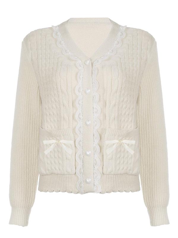 Women's Plain Contrast Lace Bow Decor Button Front Sweater Cardigan, Casual Long Sleeve V Neck Knitwear for Fall & Winter, Fashion Women's Knit Clothing for Daily Wear