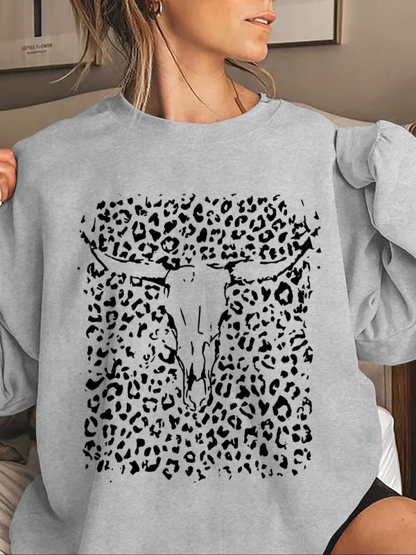 Women's Cartoon Bull Head Print Drop Shoulder Sweatshirt, Casual Long Sleeve Round Neck Pullover for Fall & Winter, Women's Clothes for Daily Wear