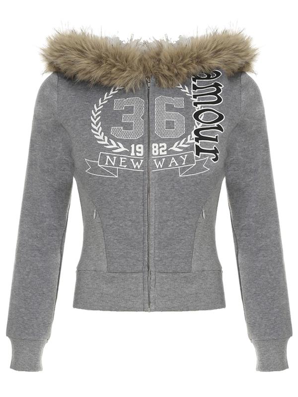 Women's Letter Print Contrast Faux Fur Trim Zip Up Hooded Jacket, Casual Long Sleeve Outerwear for Fall & Winter, Ladies Clothes for Daily Wear