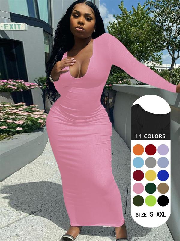 Women's Solid Notched Neck Bodycon Dress, Casual Long Sleeve Long Dress for Spring & Fall, Ladies Clothes for Daily Wear