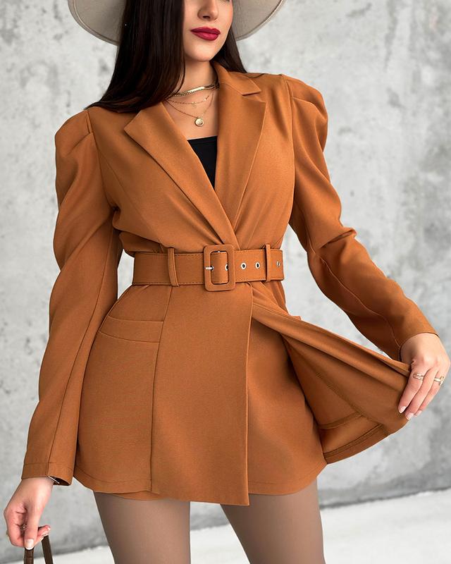 ChicMe Women's Notched Collar Puff Sleeve 2-in-1 Blazer Romper With Detachable Belt Elegant Formal Womenswear Outfit Overall