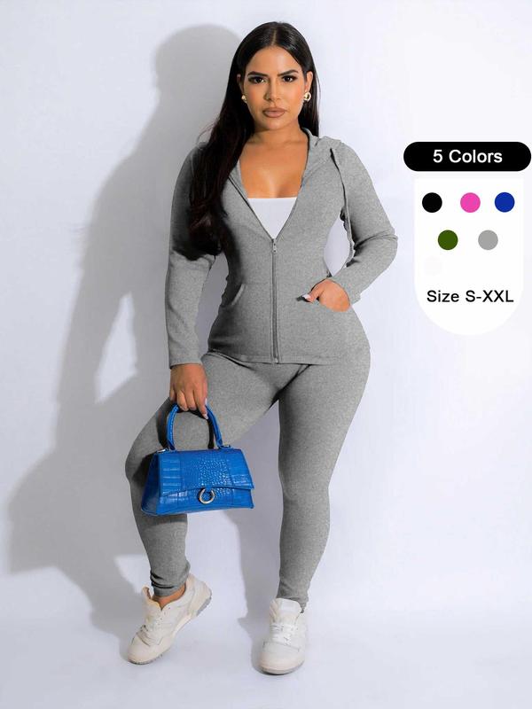 Two-piece Set Women's Solid Zip Up Drawstring Waist Pants Set, Long Sleeve Pocket Hoodie & Trousers, Lady Casual Clothes for Yoga Gym Workout Running Back To School, Two Piece Set Women, Cute Gym Clothes