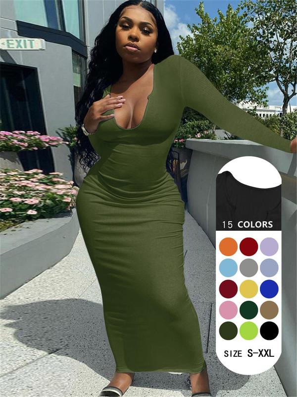 Women's Solid Notched Neck Bodycon Dress, Casual Long Sleeve Long Dress for Spring & Fall, Ladies Clothes for Daily Wear