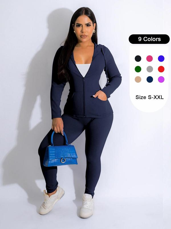 Two-piece Set Women's Solid Zip Up Drawstring Waist Pants Set, Long Sleeve Pocket Hoodie & Trousers, Lady Casual Clothes for Yoga Gym Workout Running Back To School, Two Piece Set Women, Cute Gym Clothes