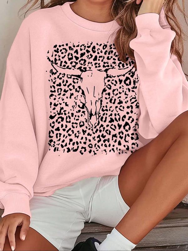 Women's Cartoon Bull Head Print Drop Shoulder Sweatshirt, Casual Long Sleeve Round Neck Pullover for Fall & Winter, Women's Clothes for Daily Wear