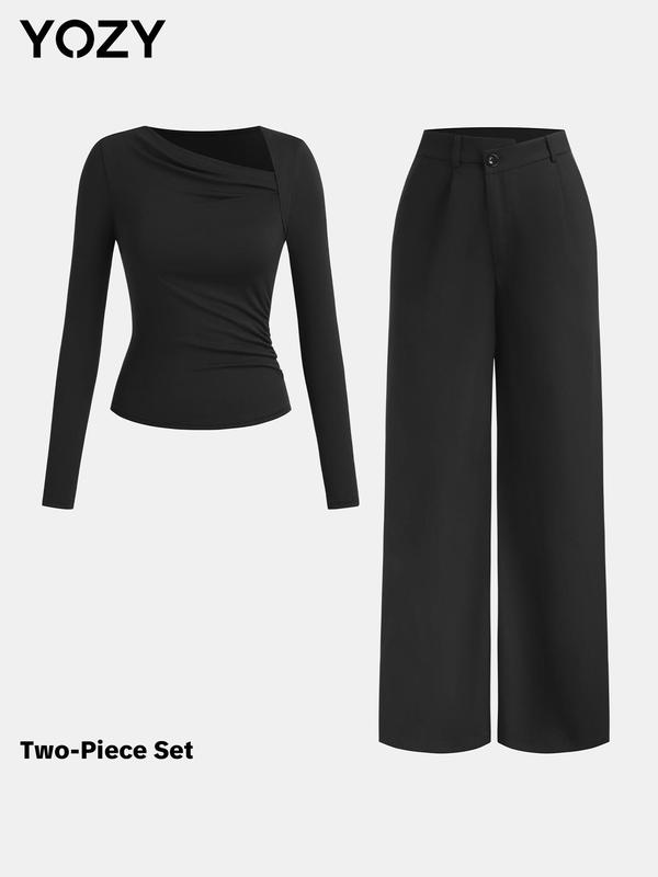 YOZY Two-piece Set Women's Plain Ruched Asymmetrical Neck Tee & Button Zipper Fly Plicated Pants, Casual Long Sleeve Top & Pocket Trousers for Fall & Winter, Women's Clothes for Daily Wear