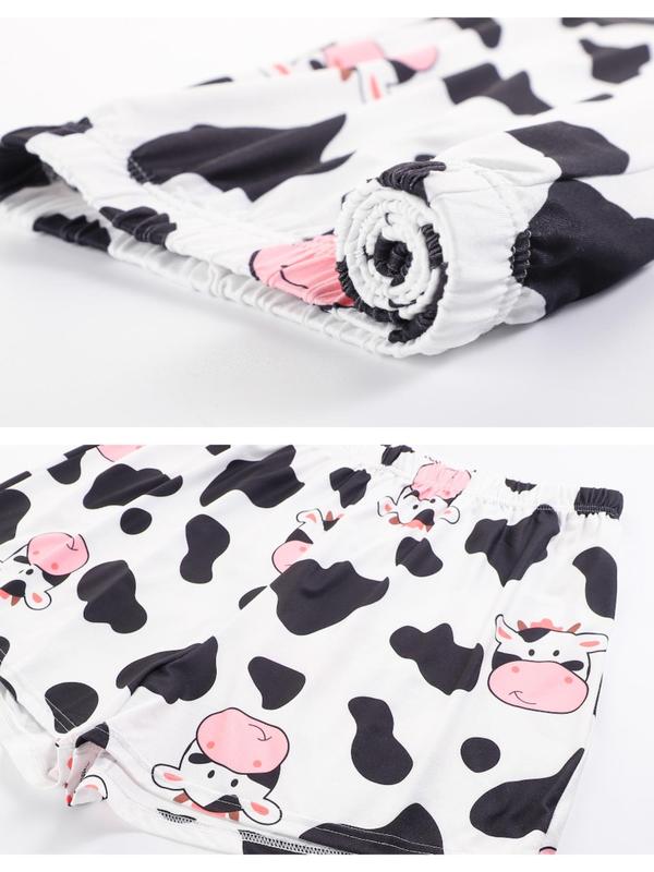  2 Counts Cow Print Tee & Shorts Pyjama Two-Piece Set, Casual Comfy Round Neck Short Sleeve T-shirt & Shorts PJ Set, Women Nightwear, Women's Sleepwear for All Seasons