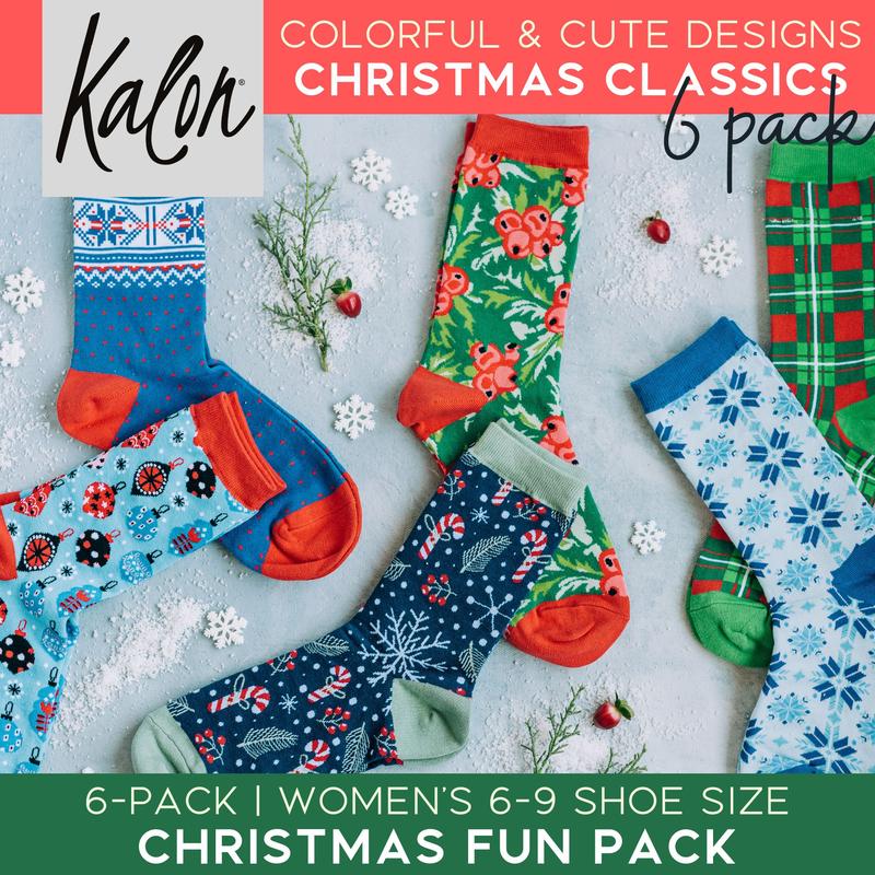 Kalon 6 Pack Women's Crew Height Christmas Socks in Classic Mom Loving Prints and Designs Stretchy Soft Comfy Sock Womenswear Comfort