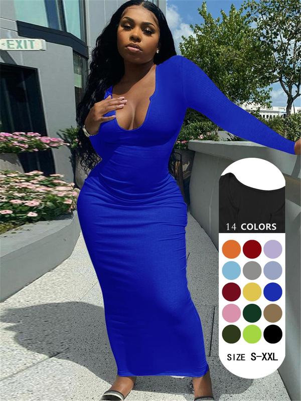 Women's Solid Notched Neck Bodycon Dress, Casual Long Sleeve Long Dress for Spring & Fall, Ladies Clothes for Daily Wear