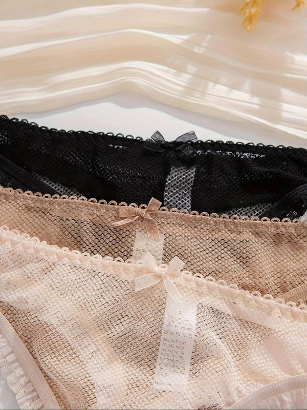 Women's  Bow Front Contrast Lace Sheer High Cut Panty, Soft Comfy Breathable Frill Trim Knicker for Daily Wear, Women's Underwear Bottoms for All Seasons