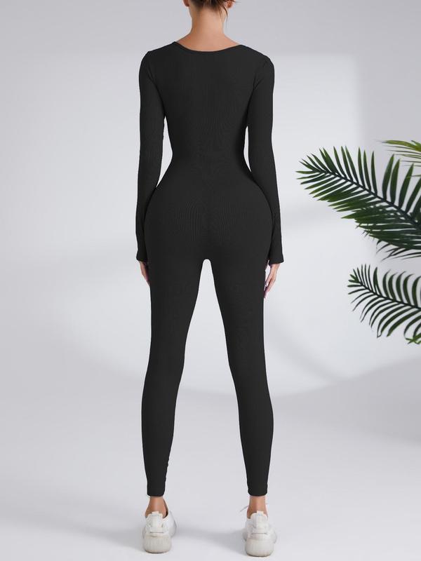 Women's Solid Long Sleeve Square Neck Sports Jumpsuit, Casual Sporty Seamless Jumpsuit, Women's Clothes for Spring & Fall