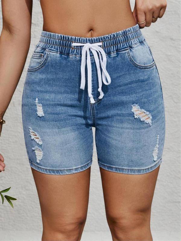 Women's Ripped Drawstring Waist Jorts Denim Shorts, Back To School Outfits, Summer Clothes Women, High Waist Jean Shorts, Pocket Jeans Shorts, Summer Clothes,  Comfy Shorts,  Jean Shorts Women, Jeans for Women