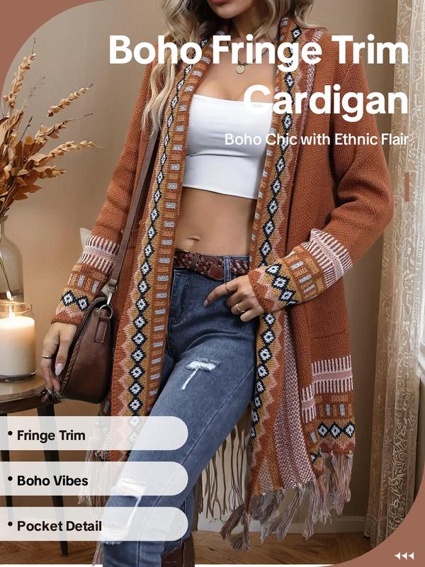 Women's Ethnic Pattern Fringe Trim Pocket Open Front Cardigan, Fall Outfits, Earthtone Fallfreshness, Boho Long Sleeve Outerwear For Fall, Back To School Women's Knitwear Top For Daily Wear