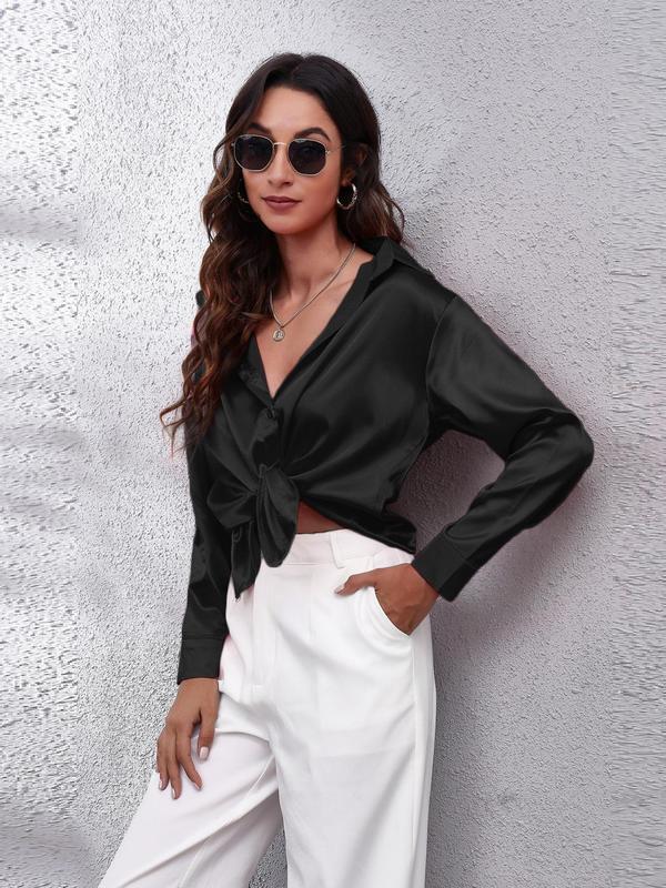 Women's Solid Button Front Satin Shirt, Elegant Long Sleeve Collared Blouse Top for Spring & Fall, Ladies Clothes for Daily Wear, Fall Outfits, Fallfreshness